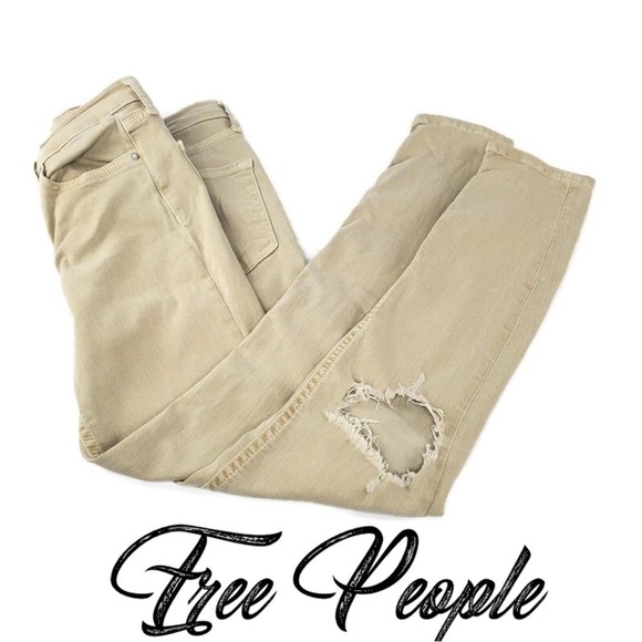 Free People Busted Knee Skinny Jeans Khaki Tan 25 - Picture 3 of 9